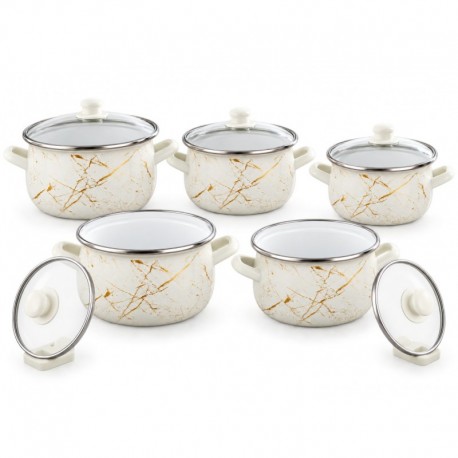 Set 5 oale cu capace din sticla Arian, Otel emailat, Inductie, 10 piese, 2, 1–6, 2 L, Alb marmorat auriu