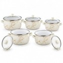 Set 5 oale cu capace din sticla Arian, Otel emailat, Inductie, 10 piese, 2, 1–6, 2 L, Alb marmorat auriu